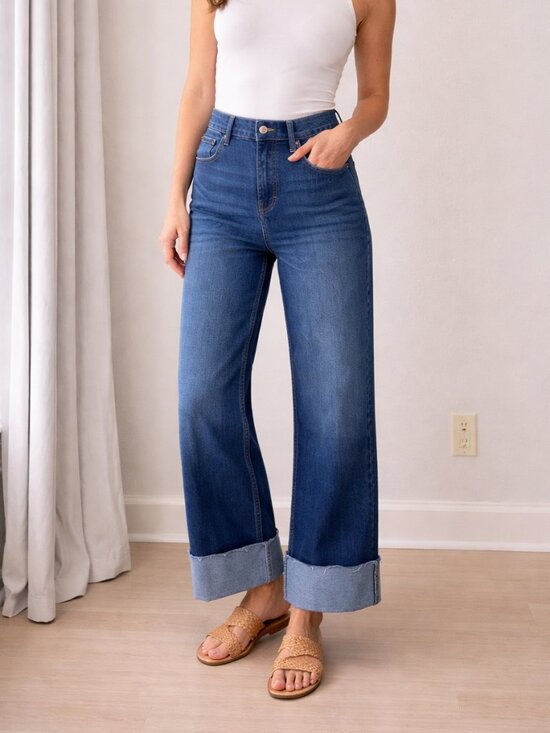 Lucky Brand Wide Leg High Rise Jeans Cuffed Raw Hem Medium Wash Denim Size 2- 26 - Picture 3 of 7